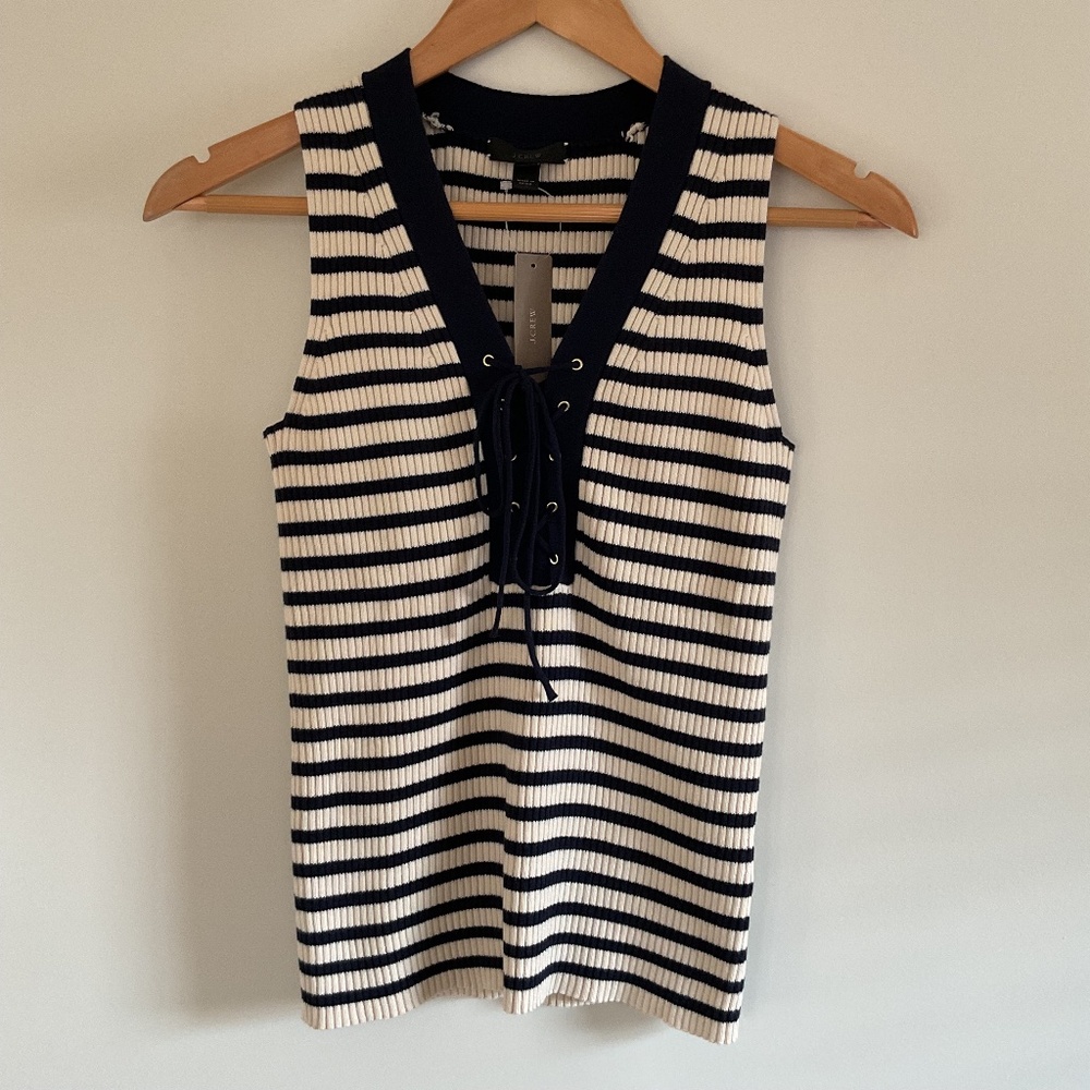 NWT J. Crew Womens Ribbed Lace Up Sweater Tank Stirpes XS Blue Ivory Nautical